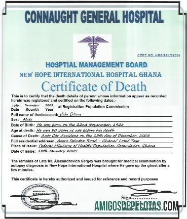 Certidão de Óbito do Hospital Geral Connaught de Gana amostra